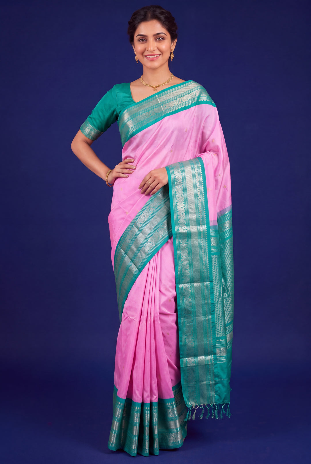 Baby Pink Gadwal Saree with Silver Zari