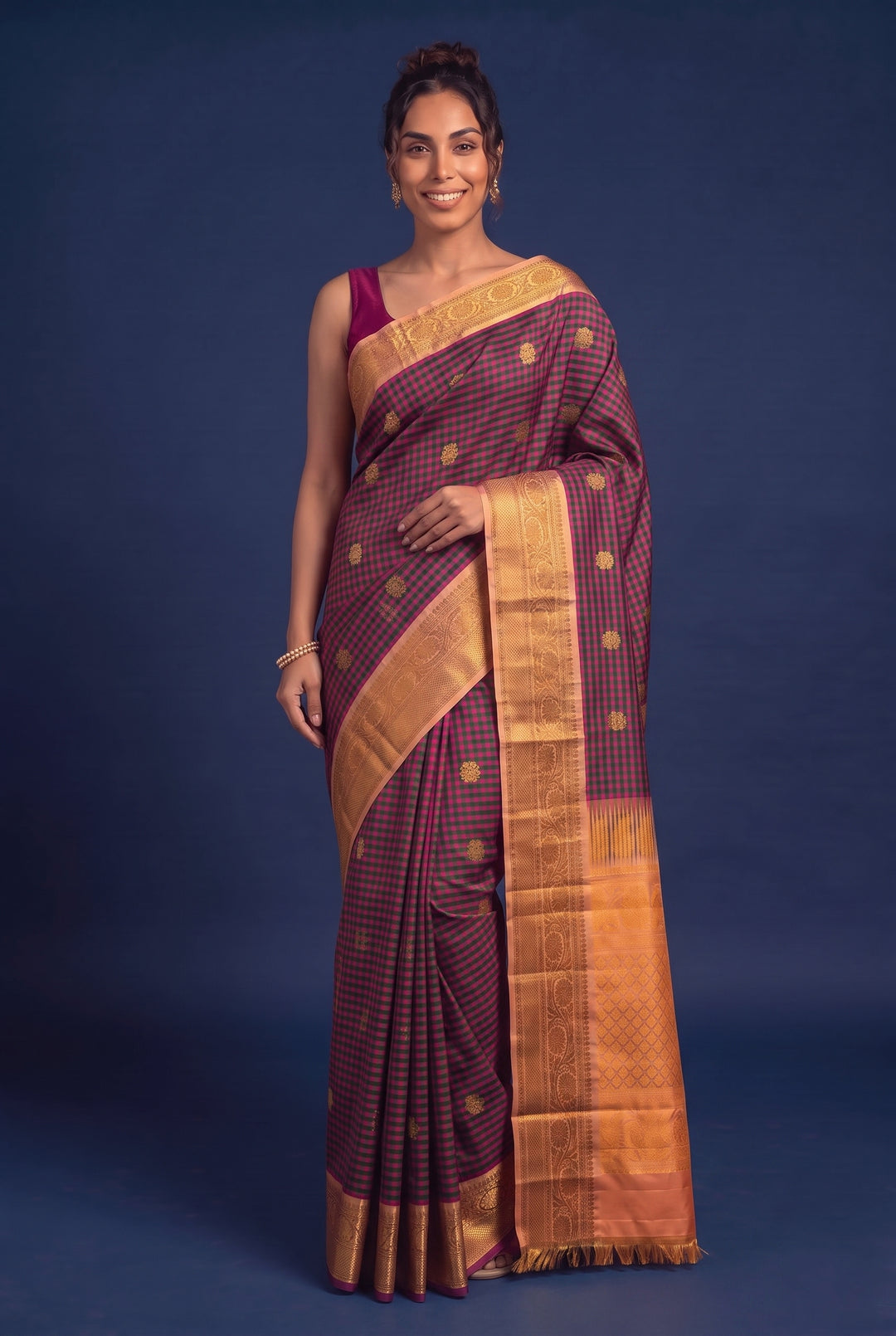 Handwoven Pink and Green Checks Gadwal Silk Saree
