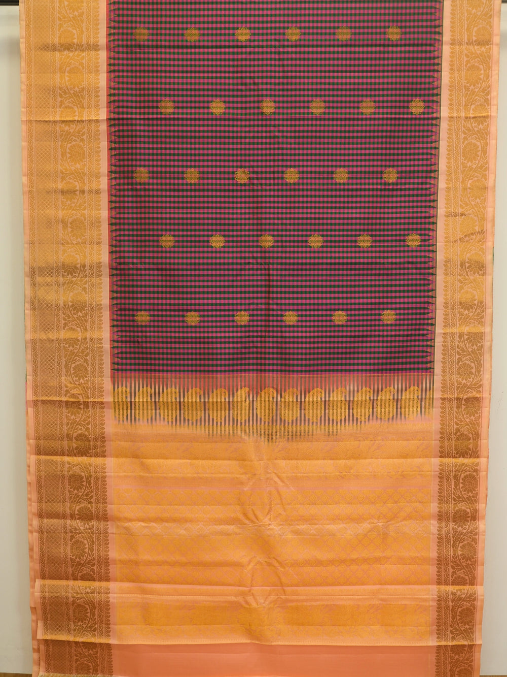 Handwoven Pink and Green Checks Gadwal Silk Saree