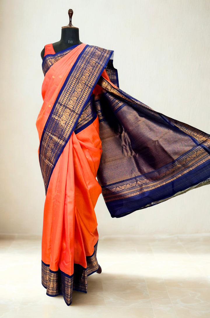 Peach pink silk gadwal saree