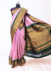 Baby pink silk gadwal saree with green temple border