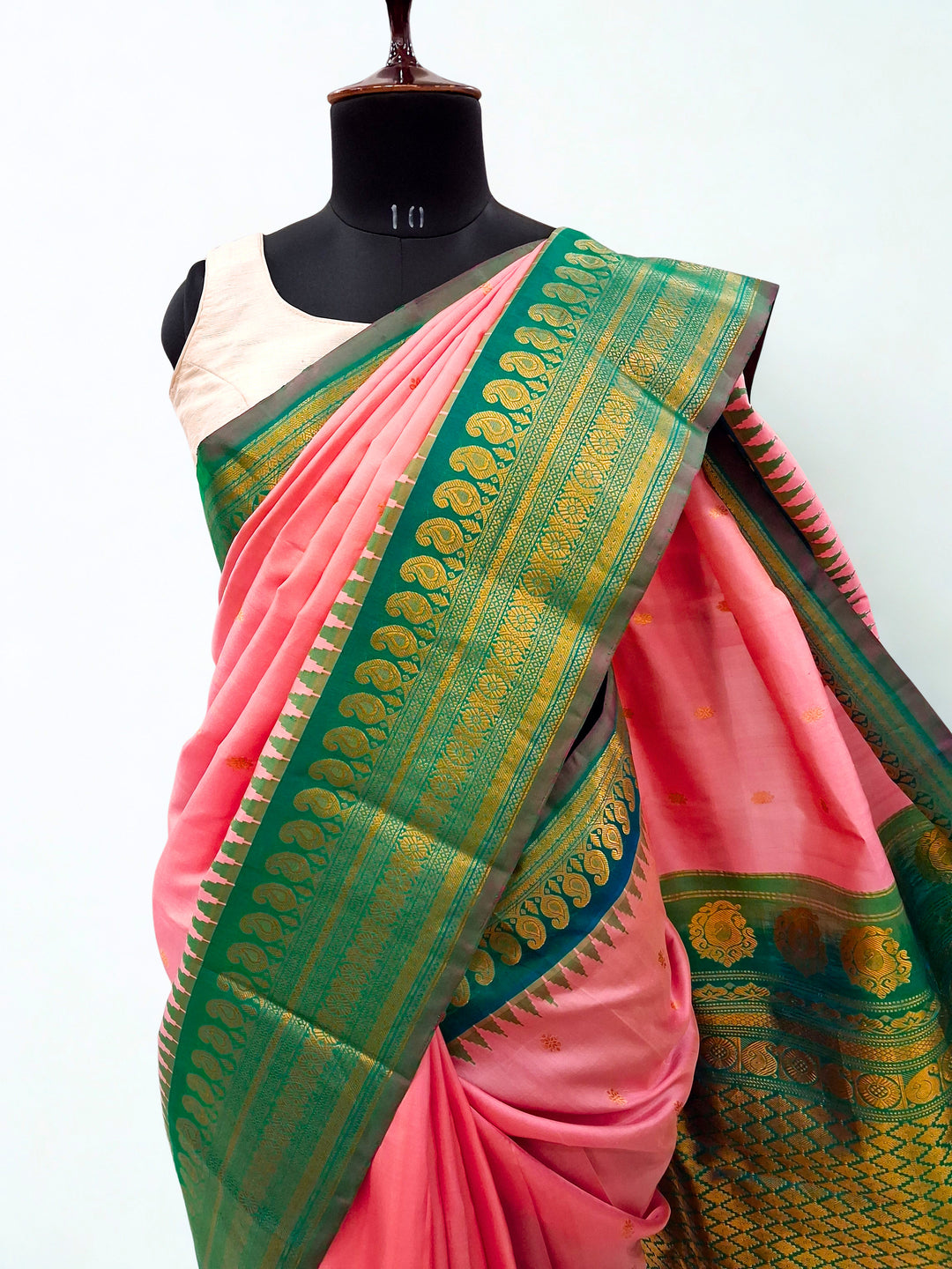 Baby pink temple border gadwal silk saree