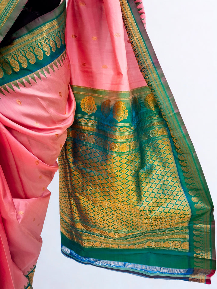 Baby pink temple border gadwal silk saree