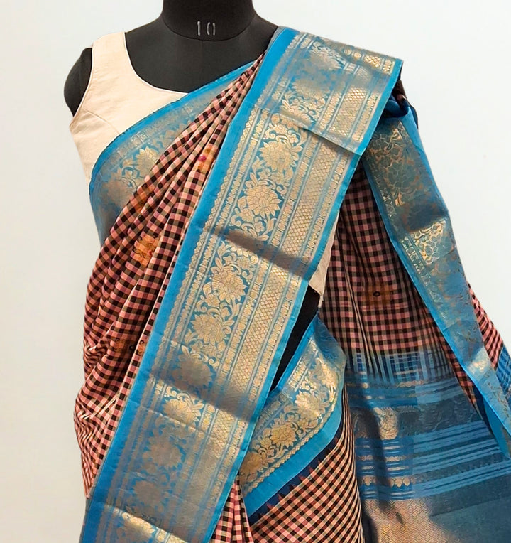 Dusty peach and black checks silk gadwal saree