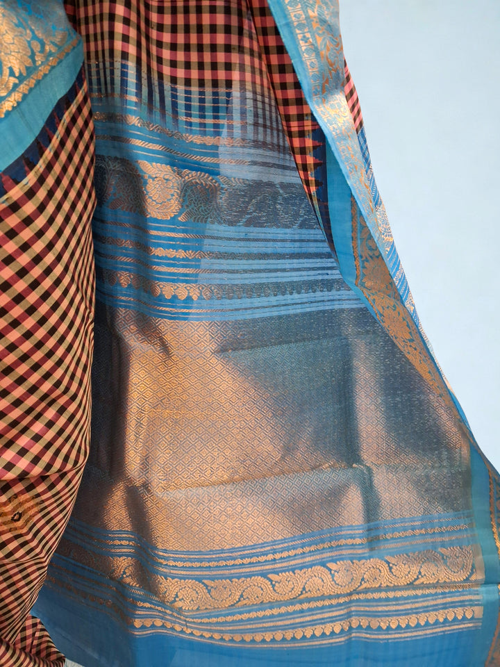 Dusty peach and black checks silk gadwal saree