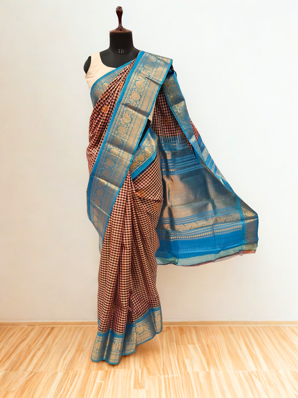 Dusty Peach and Black Checks Silk Gadwal Saree