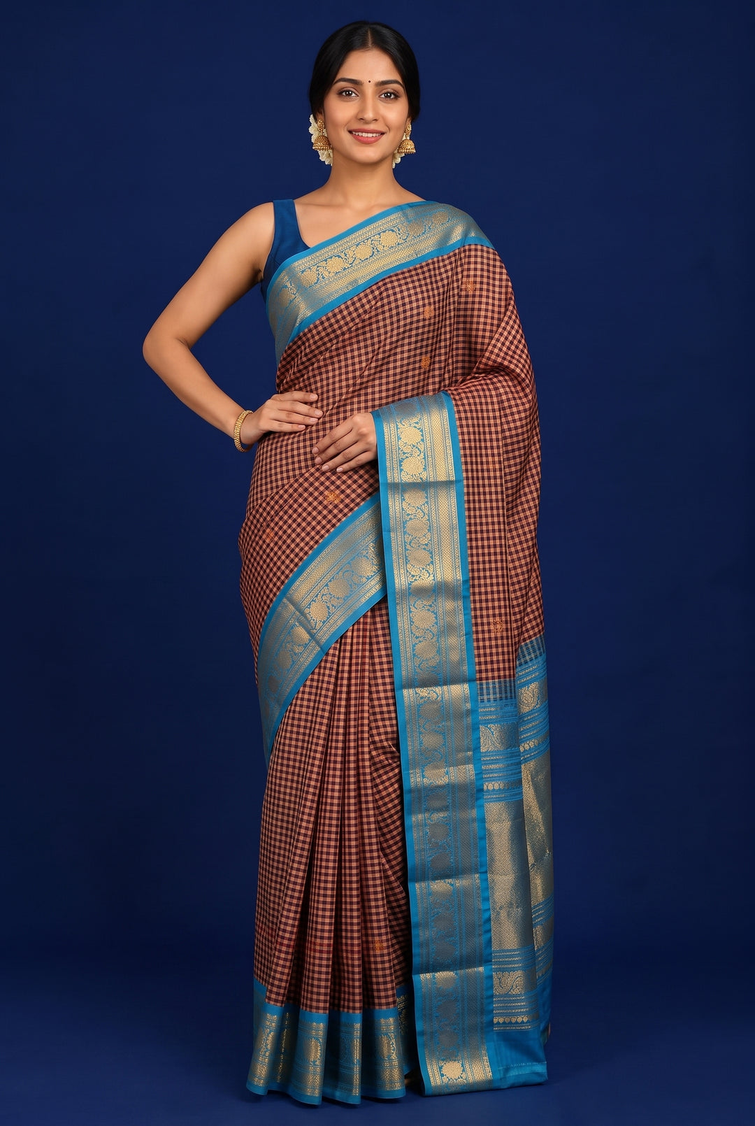Dusty Peach and Black Checks Silk Gadwal Saree
