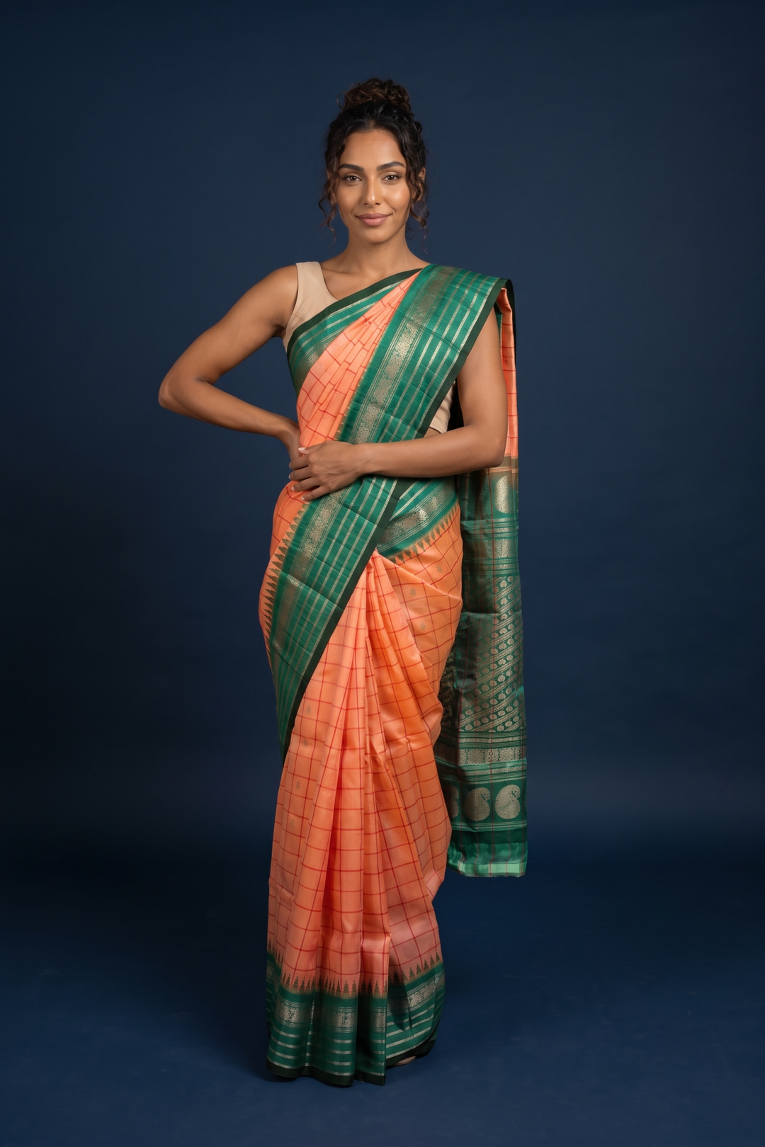 Peach Silk Gadwal with Temple Border
