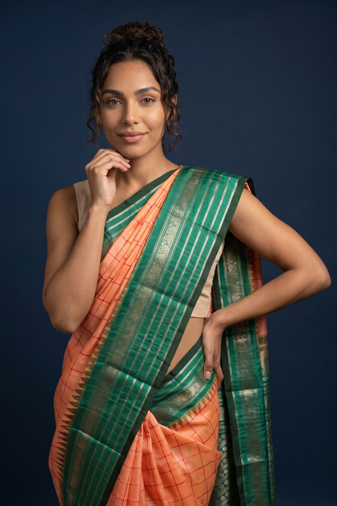 Peach Silk Gadwal with Temple Border
