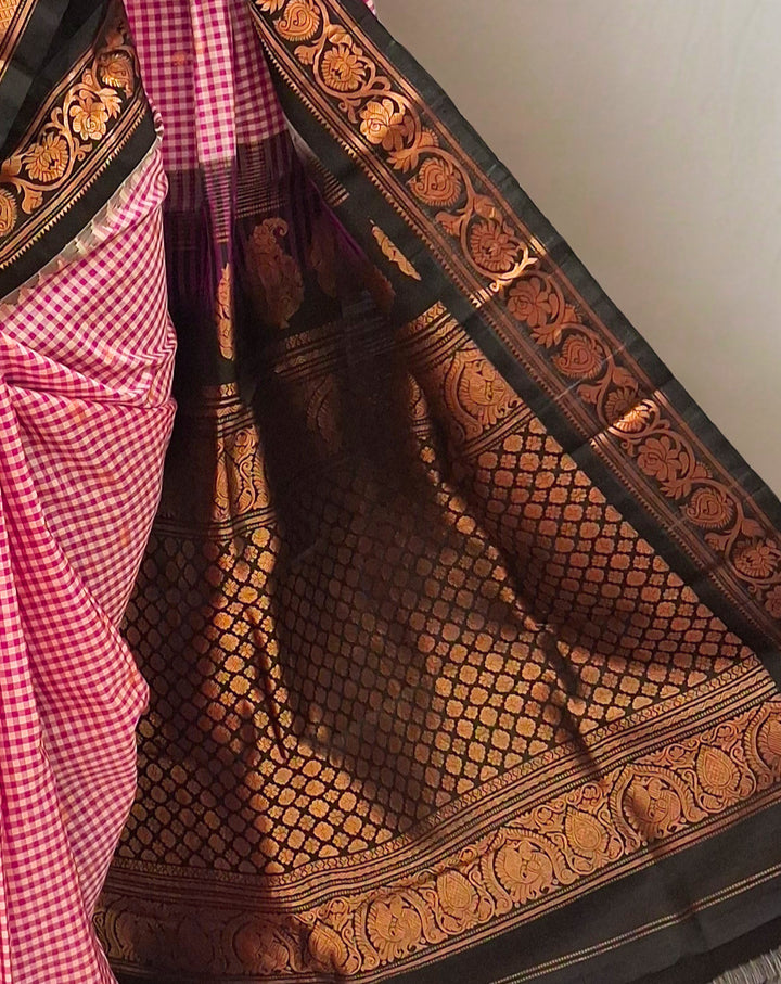 Pink and white checks silk gadwal saree
