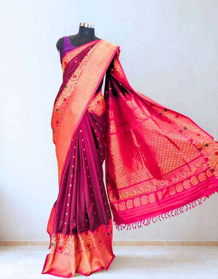 Wine silk gadwal saree with rich border