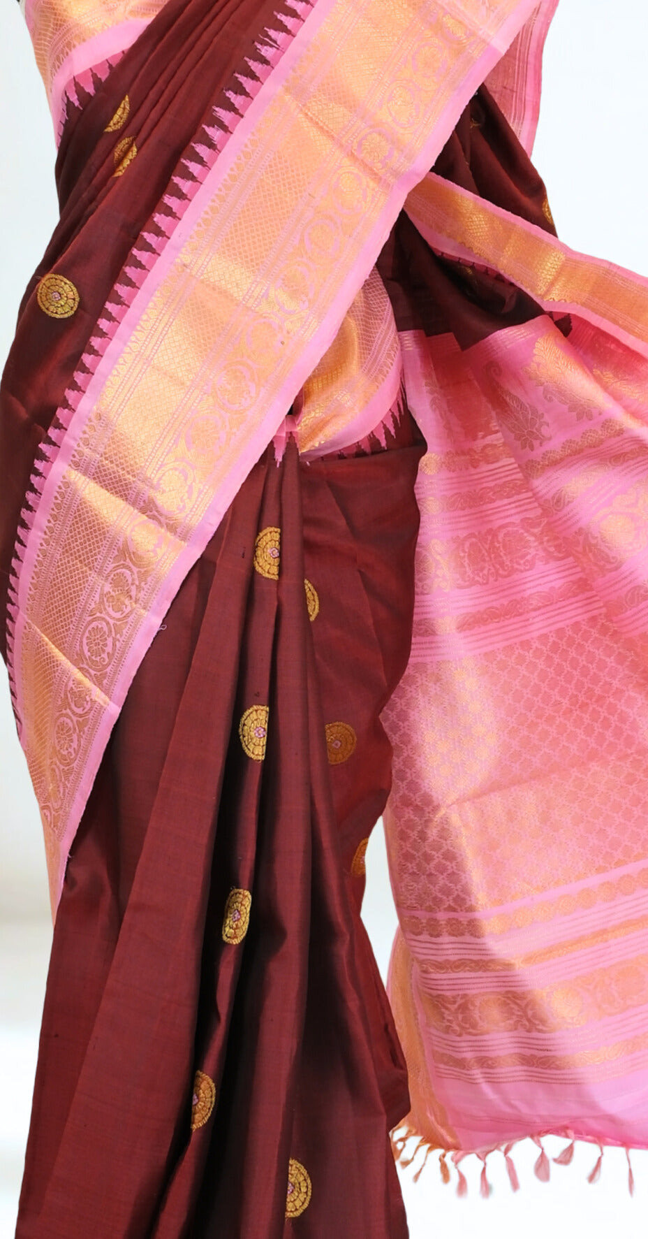 Maroon gadwal silk saree with temple border
