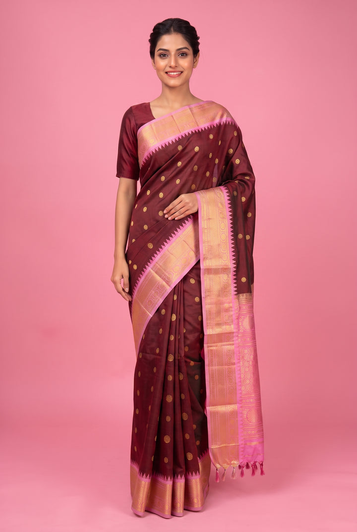Maroon Gadwal Silk Saree with Gold Zari