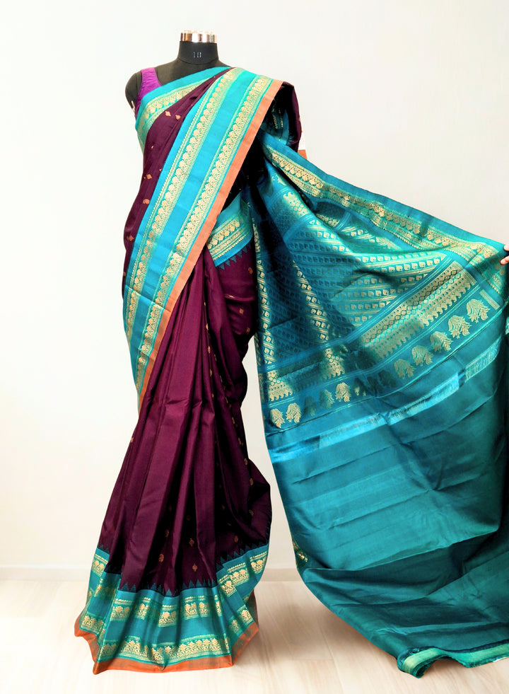 Deep wine gadwal silk saree with temple border