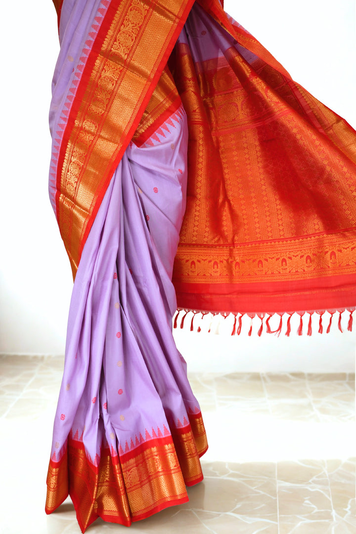 Lavender gadwal silk saree with temple border