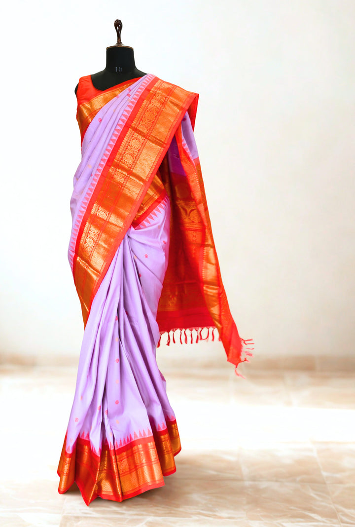Lavender gadwal silk saree with temple border