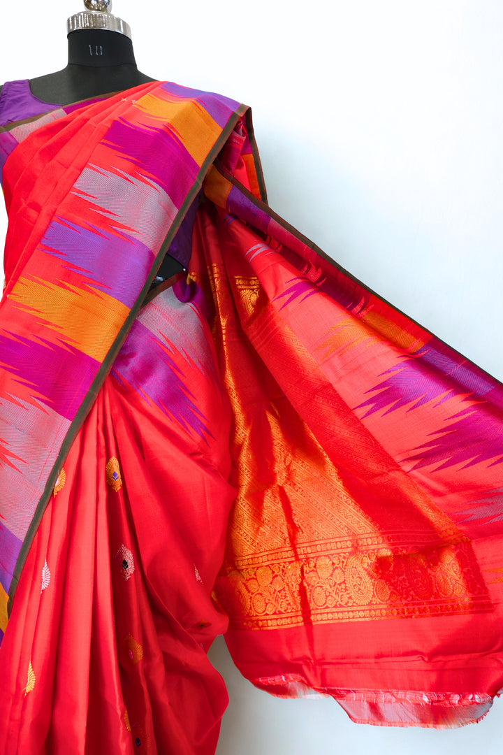 Red temple border silk gadwal saree