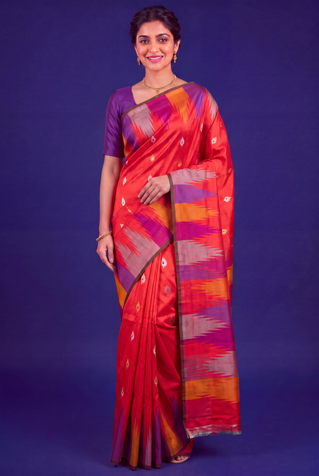 Red Silk Gadwal with Temple Border