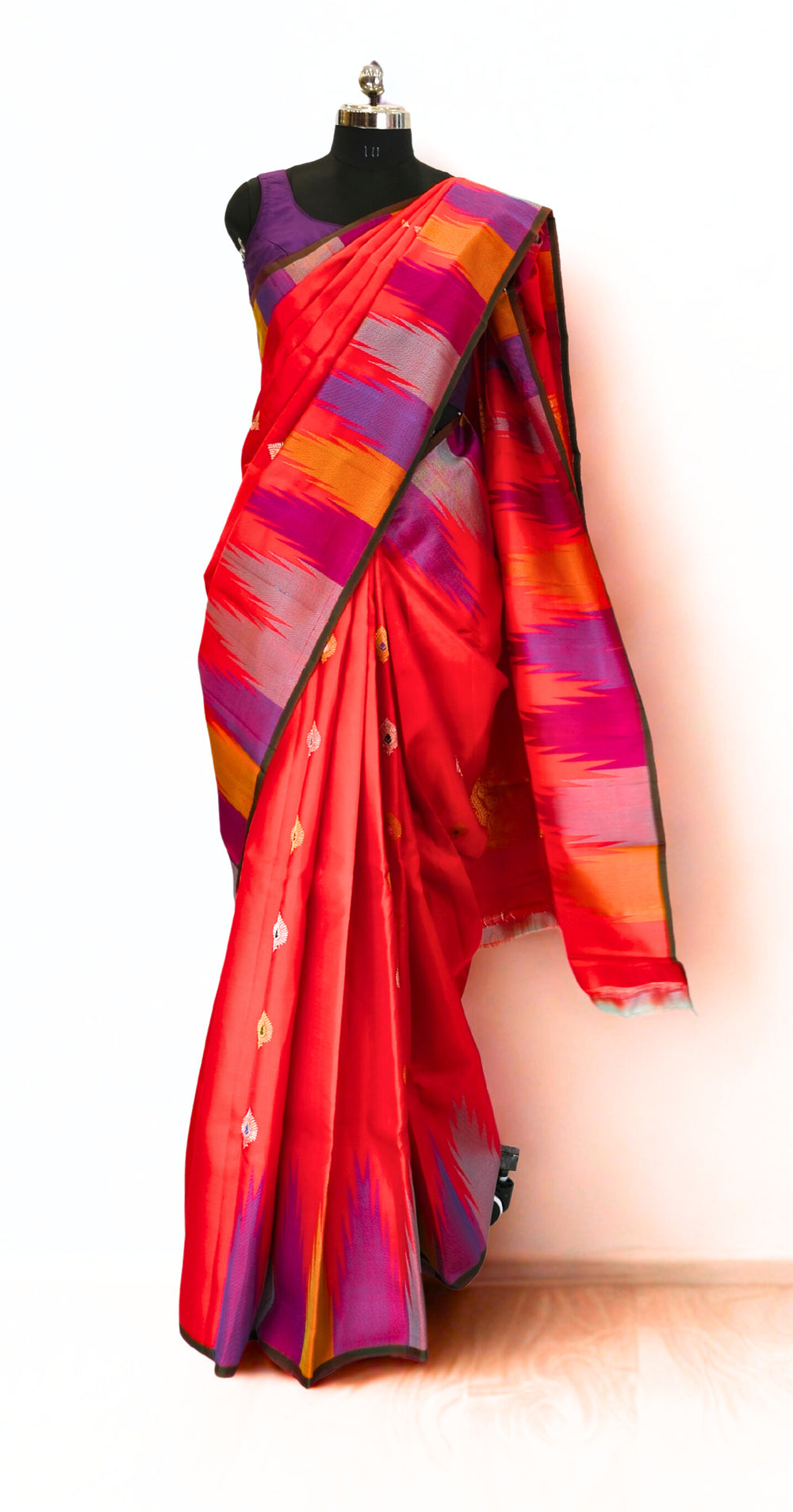 Red Silk Gadwal with Temple Border