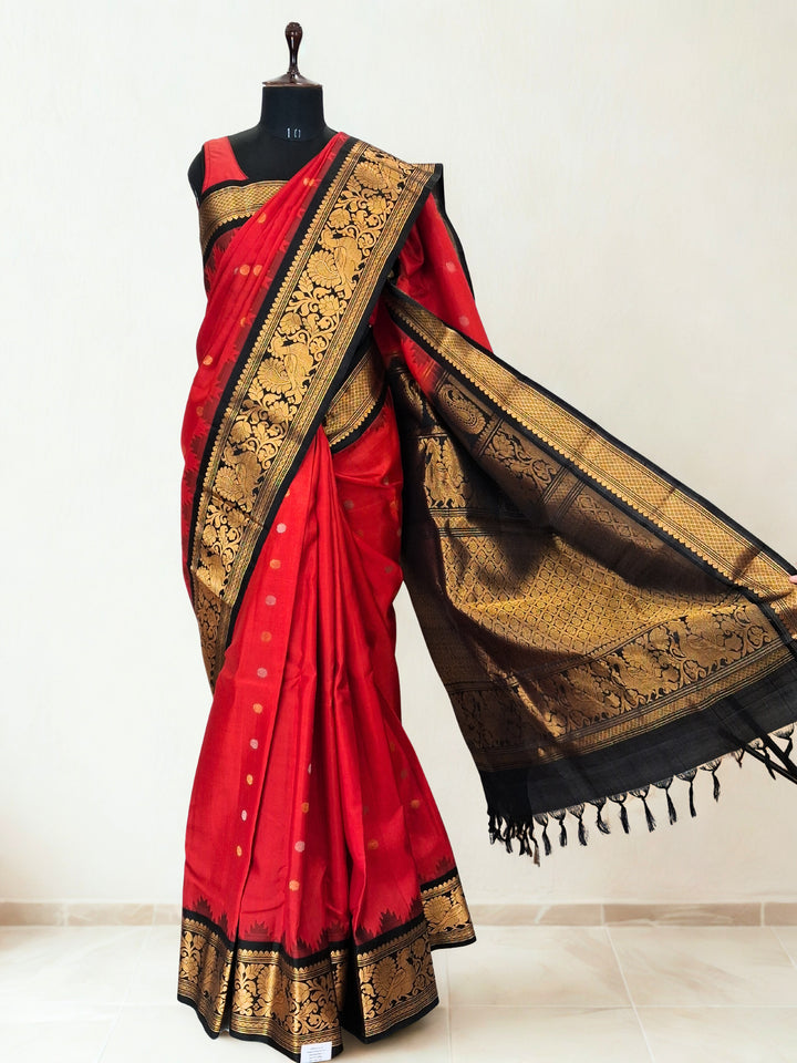 Red silk gadwal saree with rich border