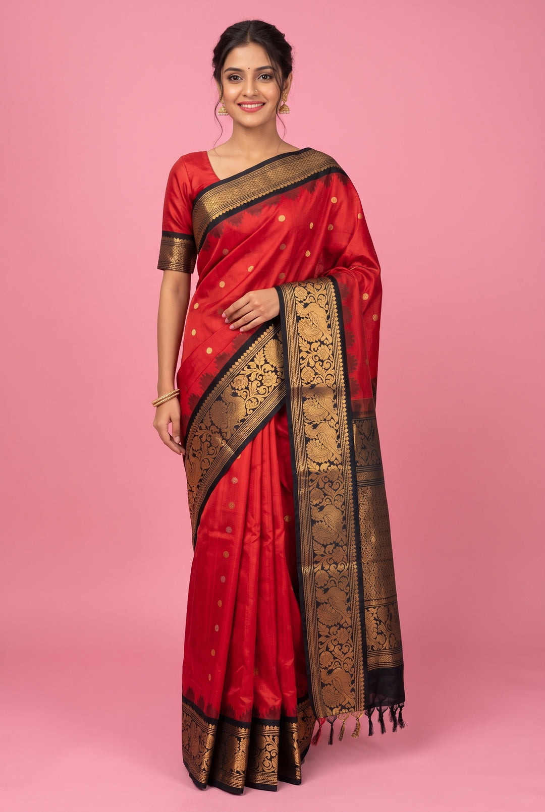Red Gadwal Saree with Gold Zari and Black Border