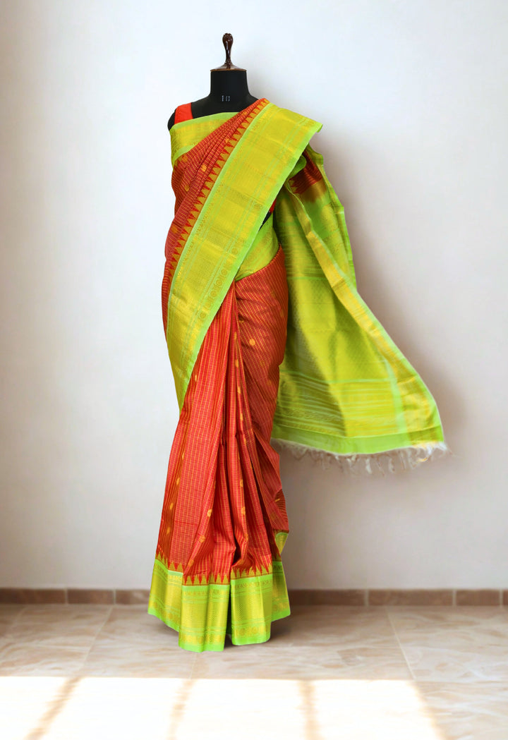 Rust checks gadwal silk saree with temple border