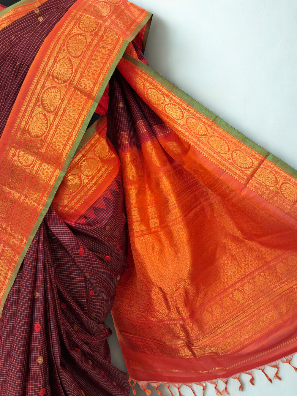 Maroon Gadwal Silk Saree with Temple Border