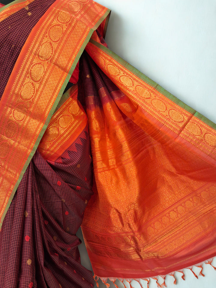 Maroon Gadwal Silk Saree with Temple Border