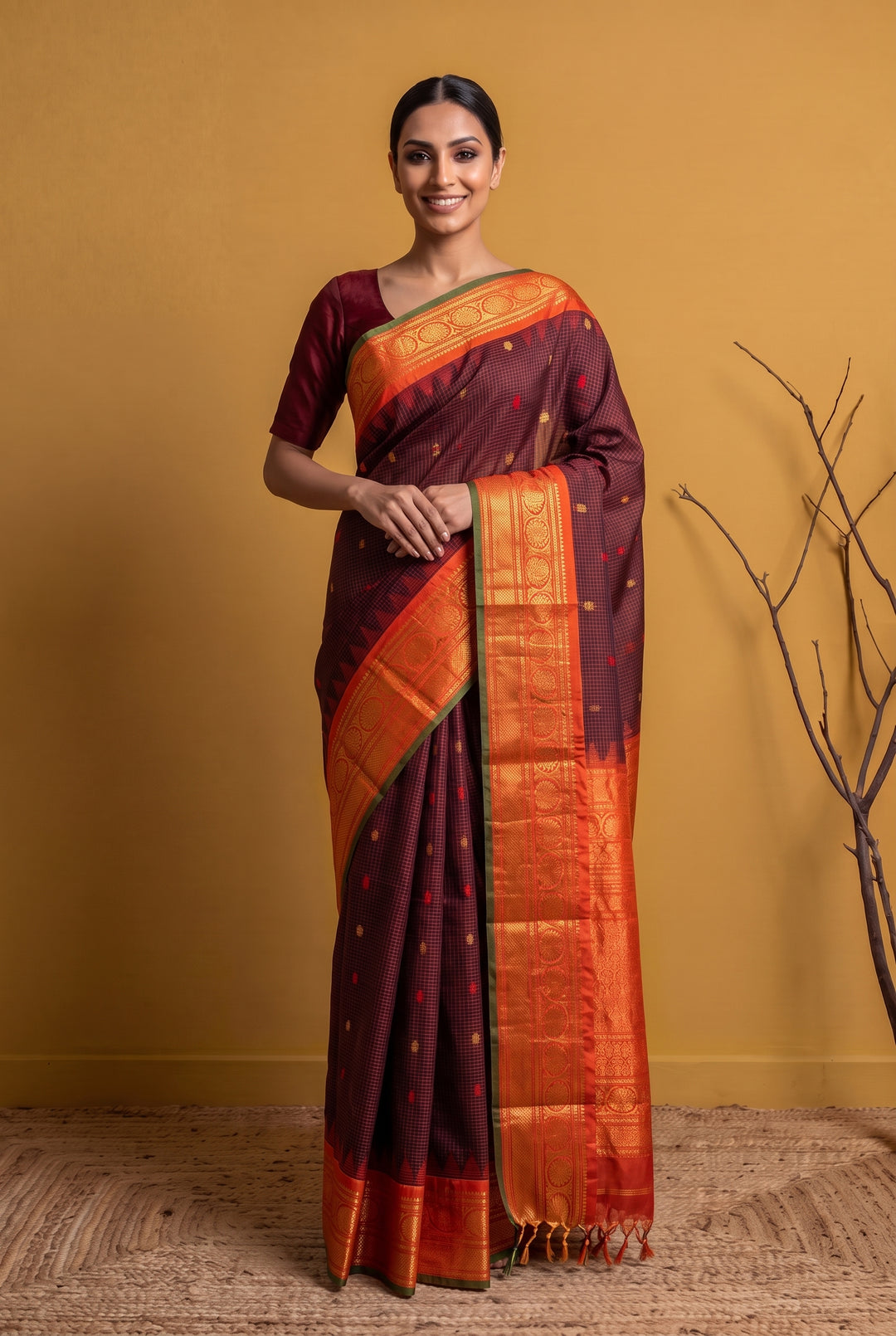 Maroon Gadwal Silk Saree with Temple Border
