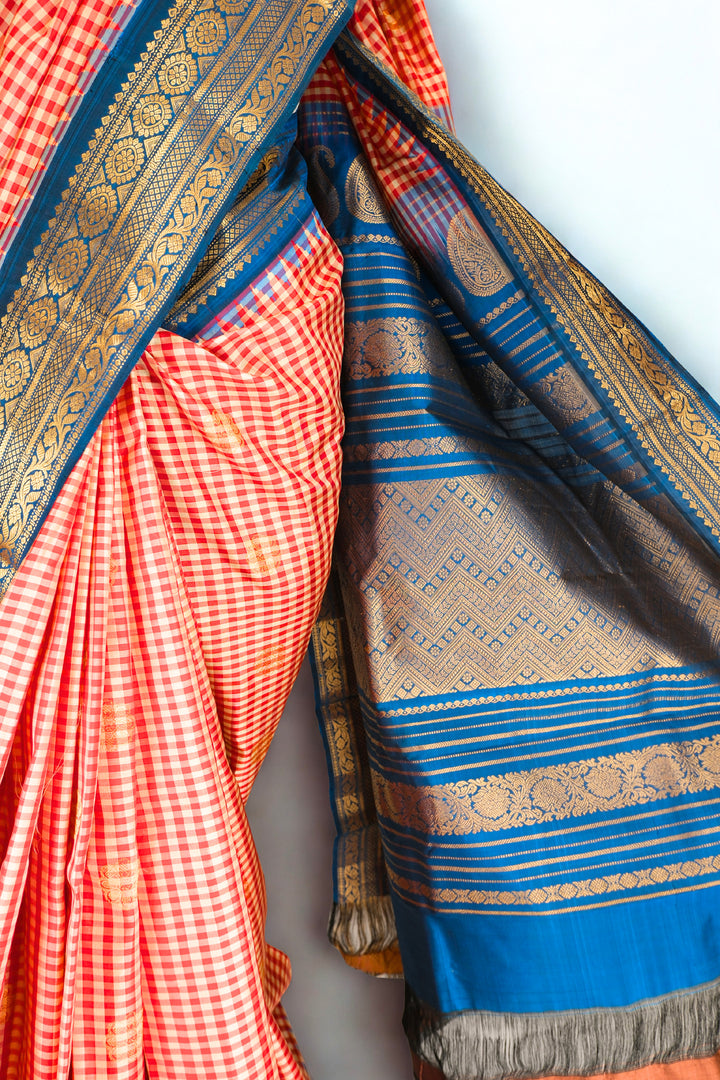 Red and yellow checks silk gadwal saree