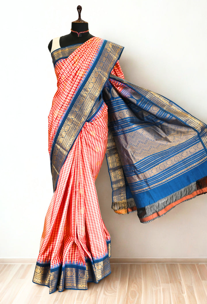 Red and yellow checks silk gadwal saree