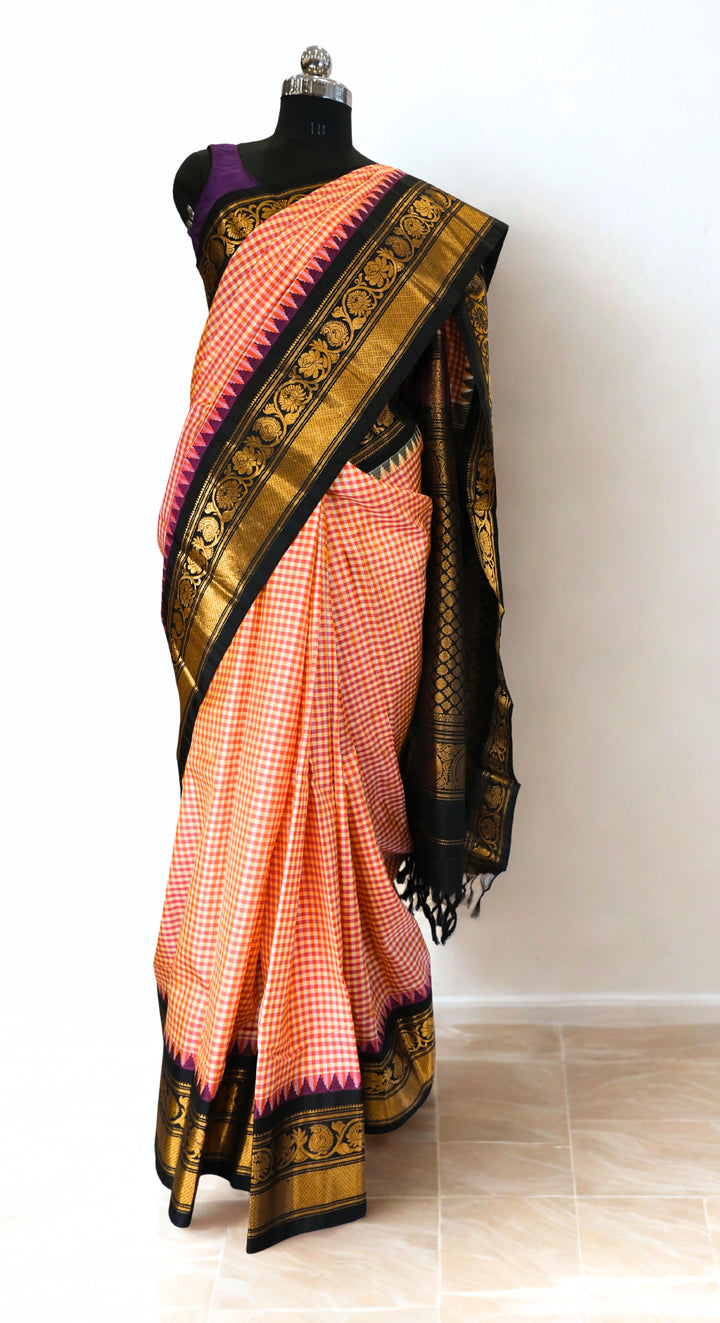 Red and peach checks silk gadwal saree with temple border