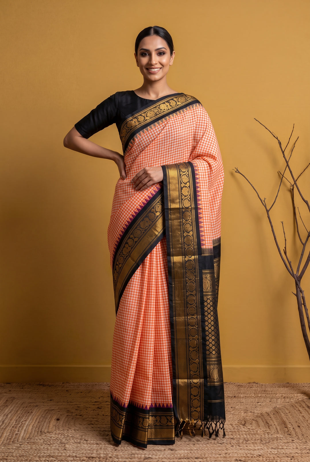 Red and Peach Gadwal with Gold Zari Border