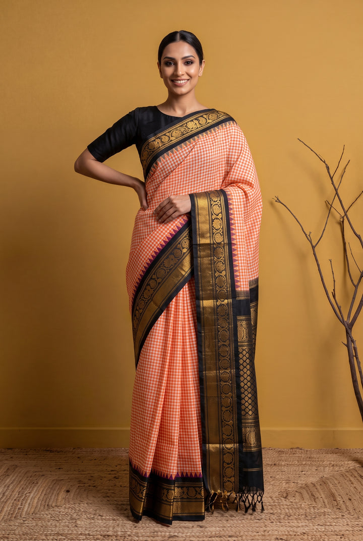 Red and Peach Gadwal with Gold Zari Border