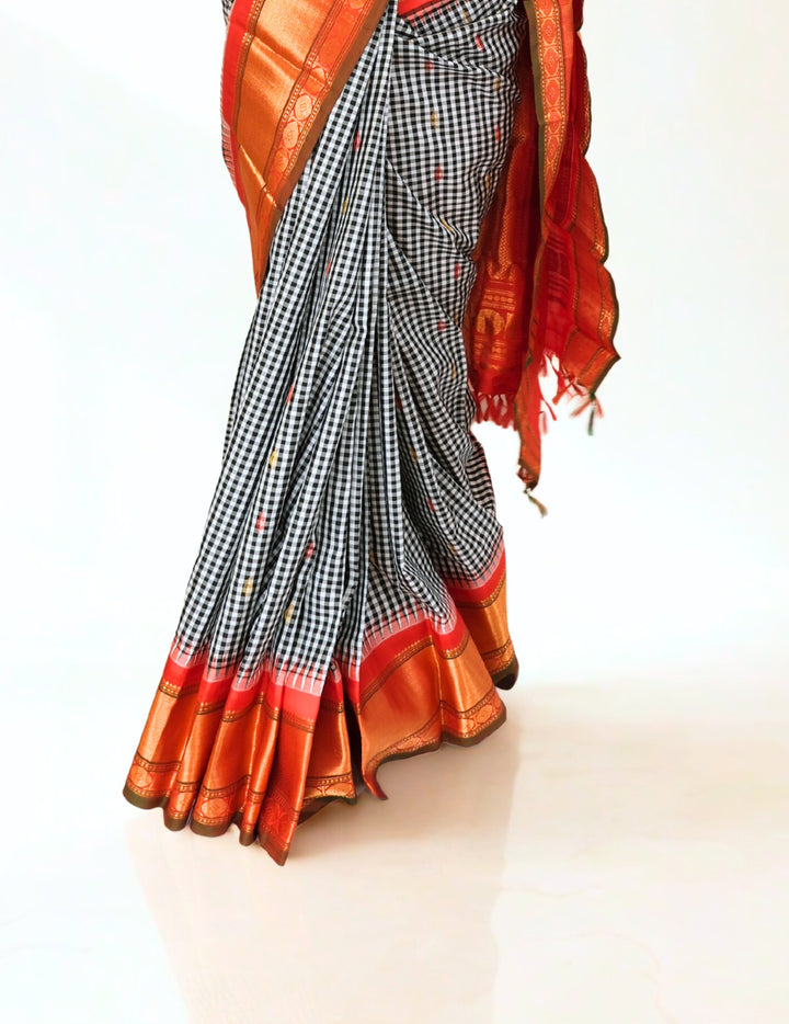 Black and White Checks Gadwal Silk Saree