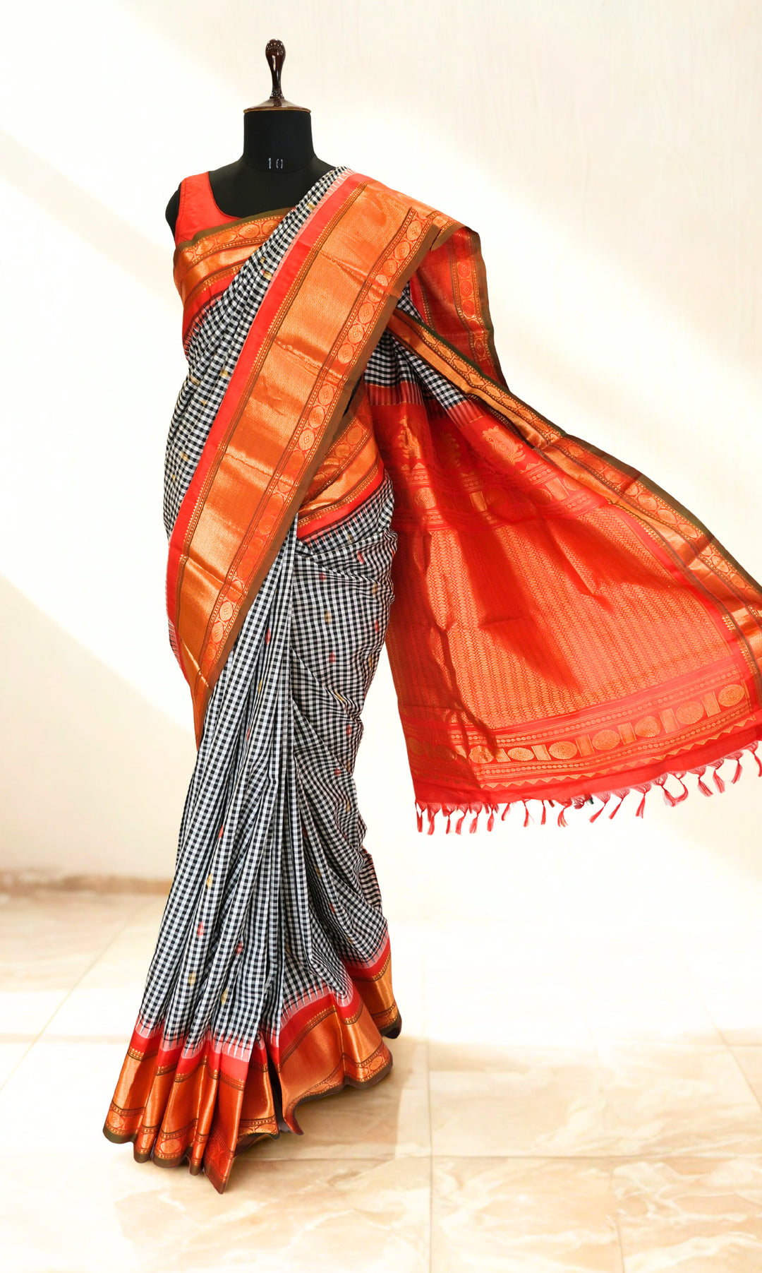 Black and White Checks Gadwal Silk Saree
