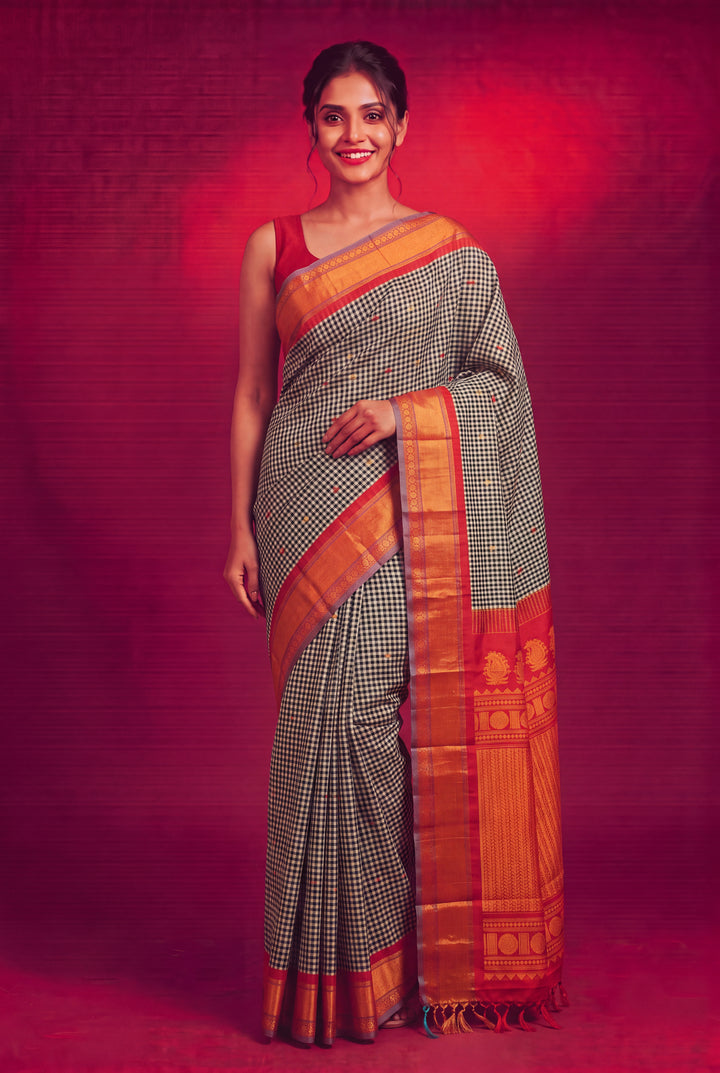 Black and White Checks Gadwal Saree Online