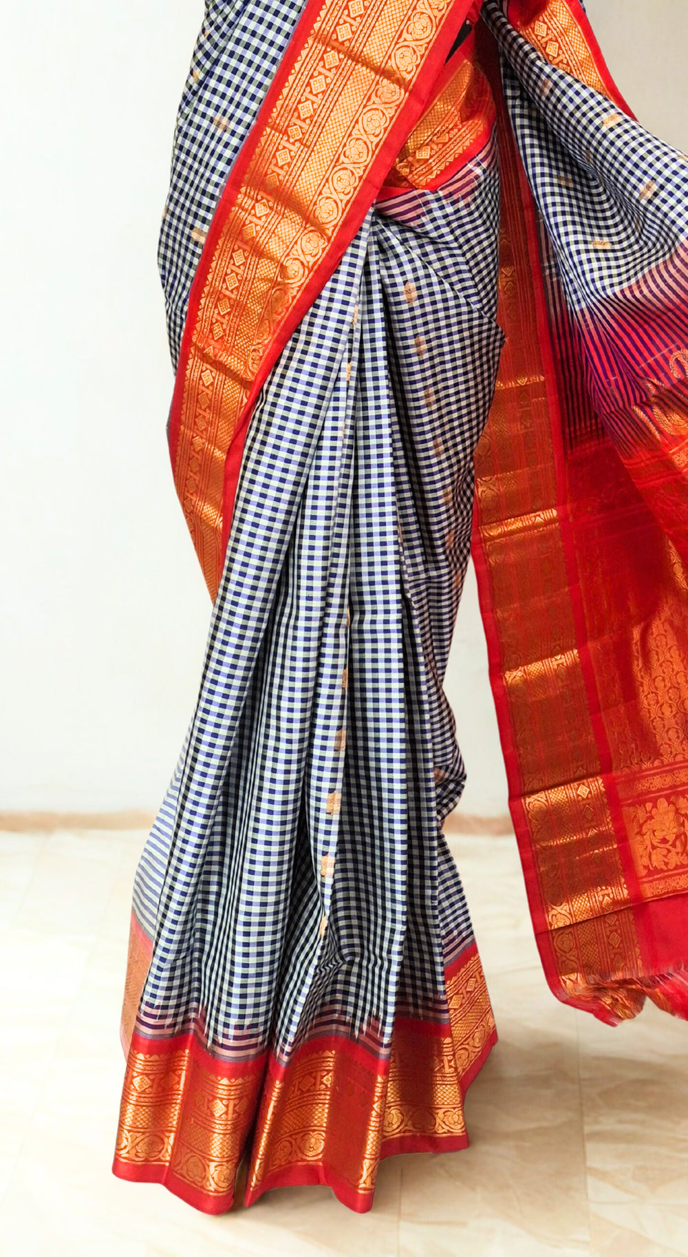Black and White Checks Silk Gadwal Saree