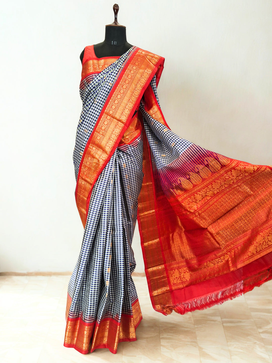 Black and White Checks Silk Gadwal Saree