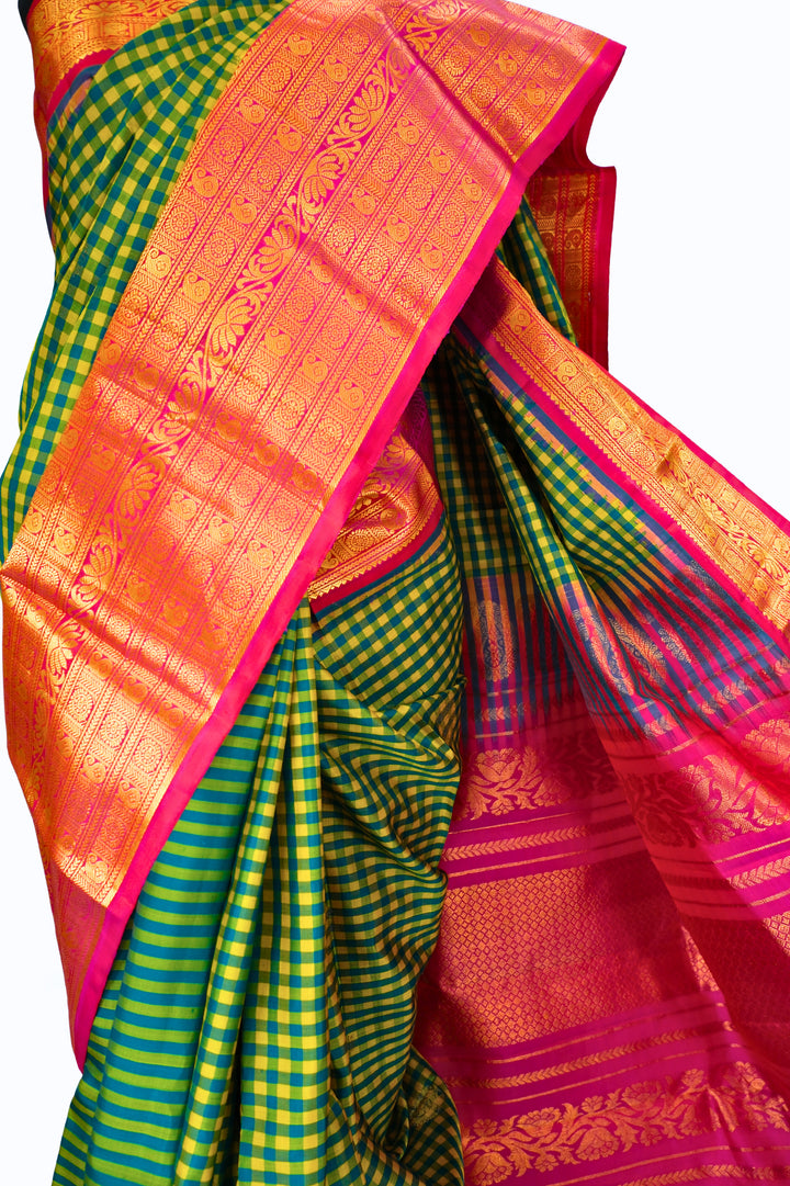 Yellow and green checks silk gadwal saree