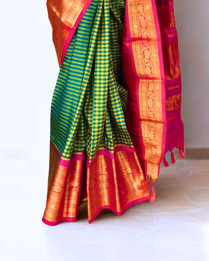 Yellow and green checks silk gadwal saree