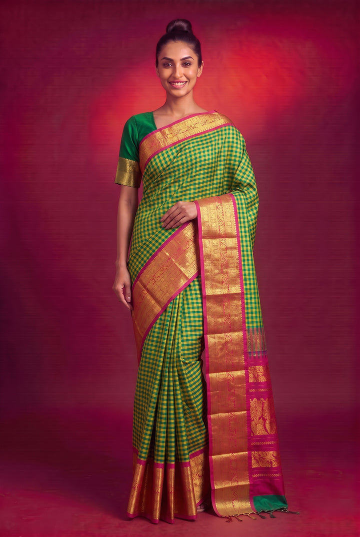 Yellow and Green Checked Gadwal Silk Saree Online