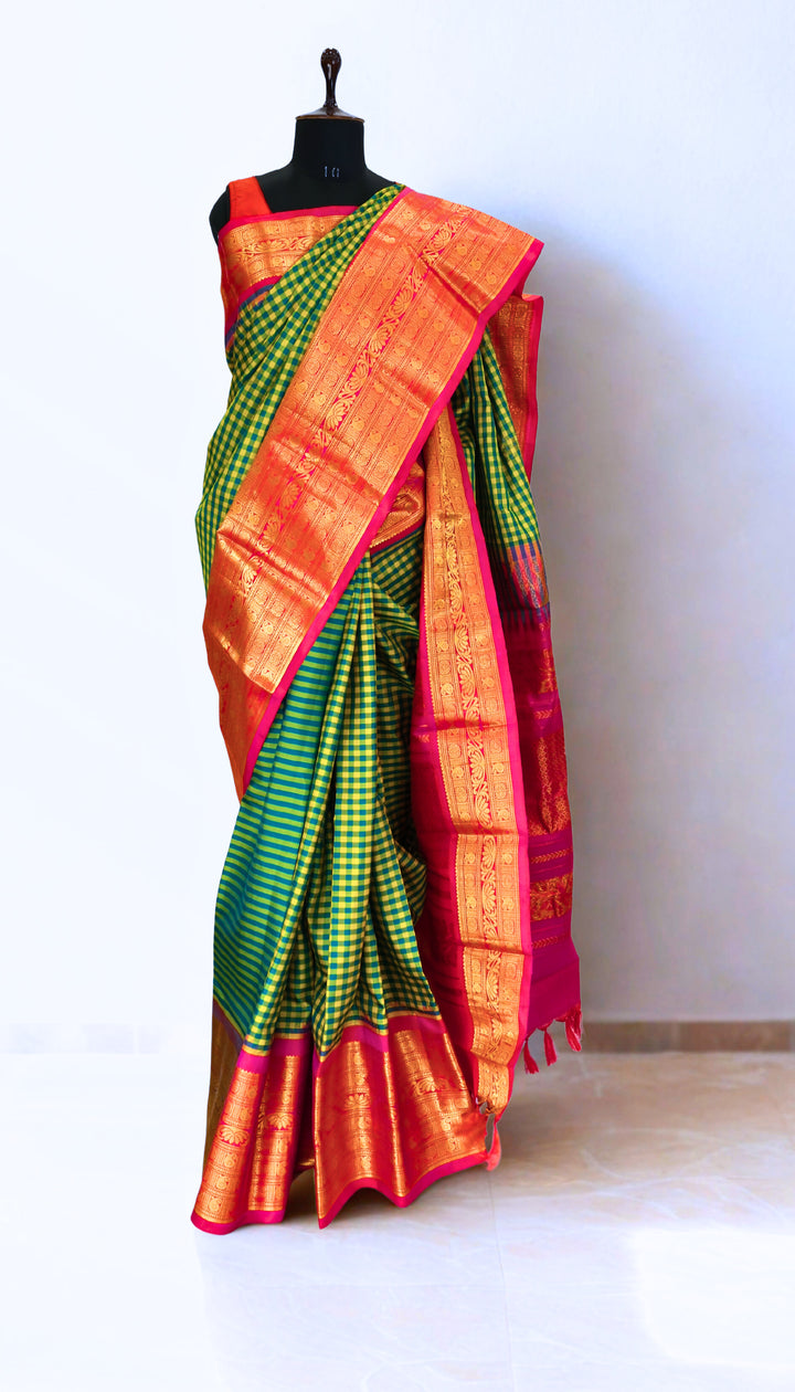 Yellow and green checks silk gadwal saree