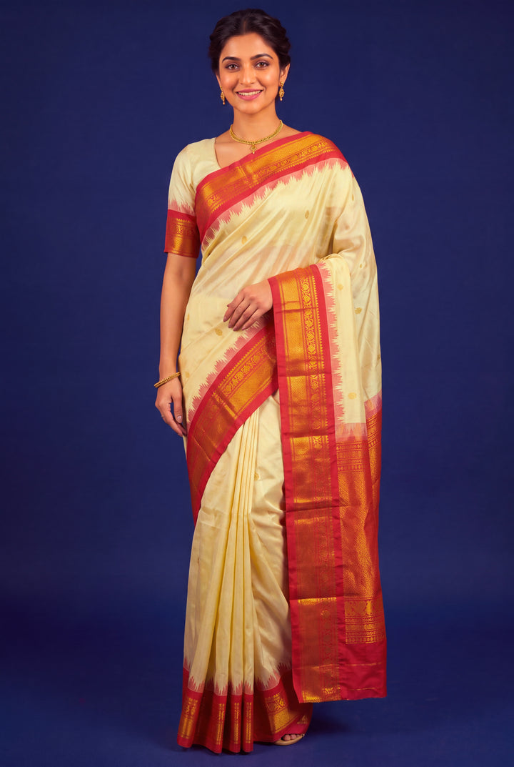 Butterscotch Yellow Gadwal Saree with Temple Border