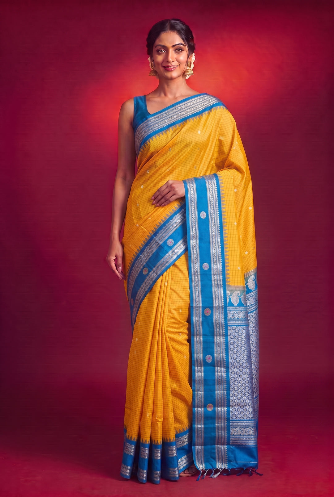 Yellow Checks Gadwal Silk Saree Online