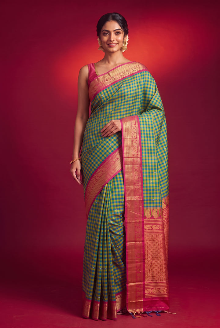 Yellow and Sea Green Gadwal Saree Online