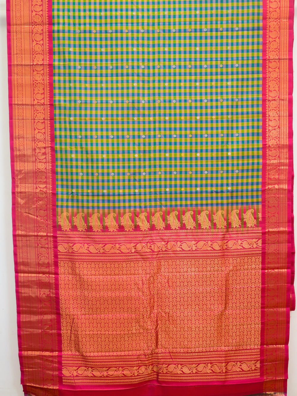 Yellow and Sea Green Gadwal Saree Online