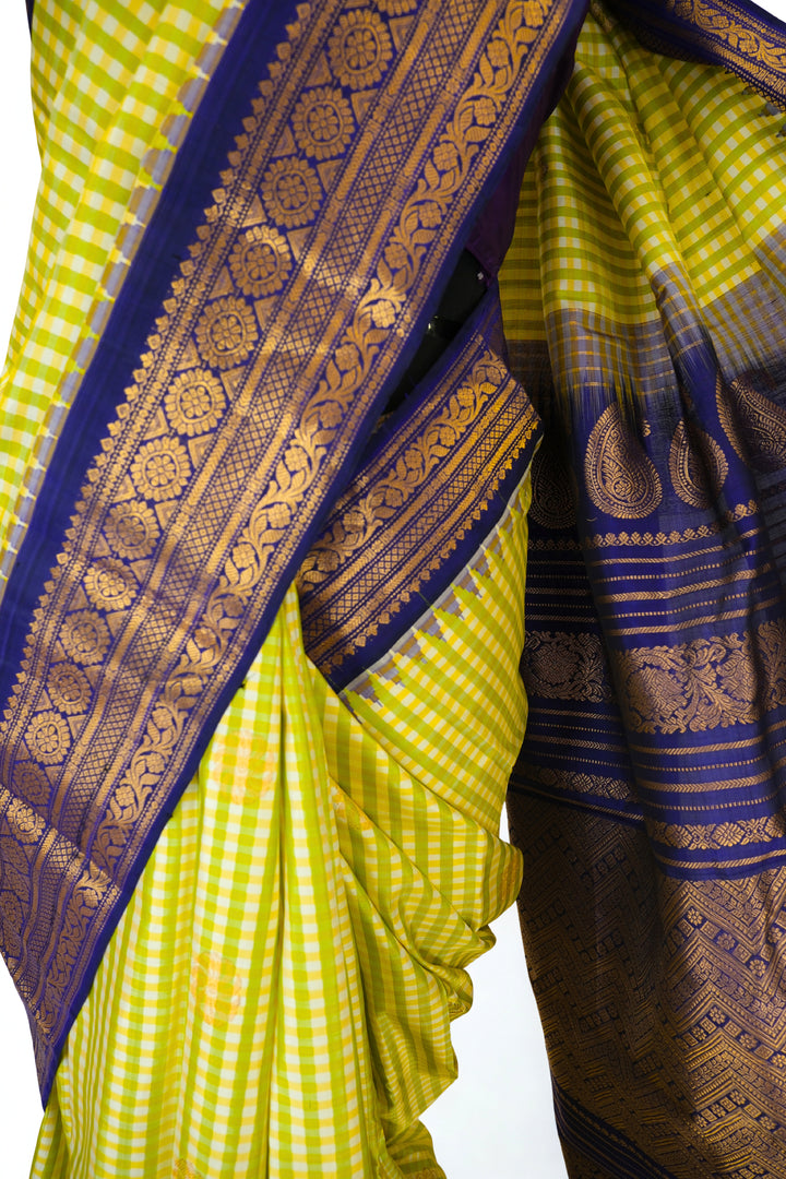 Pastel yellow checks silk gadwal saree