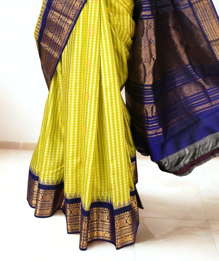 Pastel yellow checks silk gadwal saree