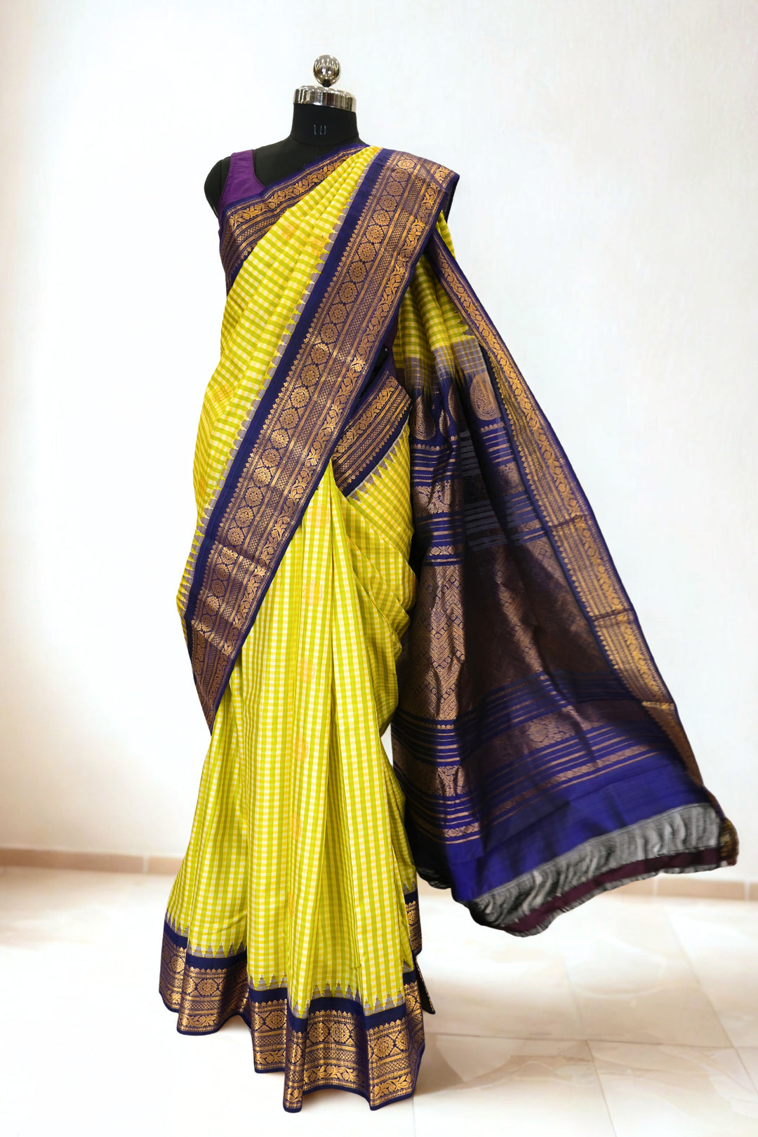 Pastel yellow checks silk gadwal saree